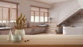 Wooden table, desk or shelf close up with ceramic and glass vases with dry plants, straws over blurred view of japandi wooden Royalty Free Stock Photo