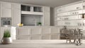 Wooden table, desk or shelf with potted grass plant, house keys and 3D letters home sweet home, over white classic kitchen,