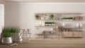 Wooden table, desk or shelf with potted grass plant, house keys and 3D letters making the words home sweet home, over modern livin