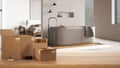 Wooden table, desk or shelf with stack of cardboard boxes over blurred view of bathroom with bathtub, modern interior design, Royalty Free Stock Photo