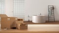 Wooden table, desk or shelf with stack of cardboard boxes over blurred view of bathroom with glass brick wall, interior design, Royalty Free Stock Photo
