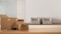 Wooden table, desk or shelf with stack of cardboard boxes over blurred view of sitting waiting room with glass brick wall, Royalty Free Stock Photo