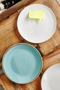 Wooden Table with Empty Dishes as Food Photography Template