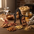 A wooden table features an assortment of nuts and related items Royalty Free Stock Photo