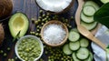 Wooden table filled with colorful bowls of fruits and vegetables Royalty Free Stock Photo