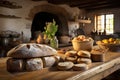 A wooden table filled to the brim with a variety of delicious bread, Cozy country kitchen with fresh bread cooling on a wooden