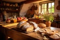 A wooden table filled with a varied assortment of fresh bread, arranged neatly and ready to be enjoyed, Cozy country kitchen with