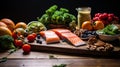 A wooden table with foods rich in vitamin B and omega 3 Royalty Free Stock Photo