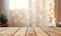 Wooden Table Foreground with Blurred Christmas Lights Background Royalty Free Stock Photo