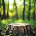 Wooden table in the forest with blurred nature background. Wood texture. Royalty Free Stock Photo