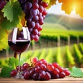 Wooden table with fresh red grapes and free space on nature blurred vineyard Generated Royalty Free Stock Photo