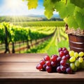 Wooden table with fresh red grapes and free space on nature blurred vineyard Generated Royalty Free Stock Photo