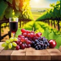 Wooden table with fresh red grapes and free space on nature blurred vineyard Generated Royalty Free Stock Photo
