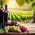 Wooden table with fresh red grapes and free space on nature blurred vineyard Generated Royalty Free Stock Photo