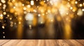 Wooden table in front of abstract blurred background with bokeh lights Royalty Free Stock Photo