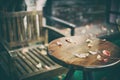 Wooden table in front of abstract blurred background of out door cafe Royalty Free Stock Photo