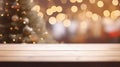 Wooden table in front of blurred christmas tree background with bokeh Royalty Free Stock Photo