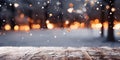 Wooden table in front of blurred winter park background with snowflakes Royalty Free Stock Photo