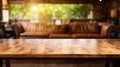 Wooden table is in front of brown couch. Generative AI Royalty Free Stock Photo