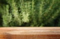 wooden table in front of fresh rosemary herb background. for product display and presentation Royalty Free Stock Photo