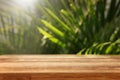 wooden table in front of tropical green floral background. for product display and presentation Royalty Free Stock Photo