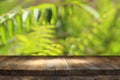 wooden table in front of tropical green floral background. for product display and presentation. Royalty Free Stock Photo