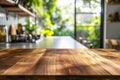 Wooden table is in front of window and has light wood grain. Generative AI Royalty Free Stock Photo