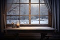 Wooden table in front of window with winter landscape in the background, Empty table and winter window in background, AI Generated Royalty Free Stock Photo