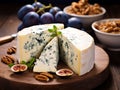 on wooden table gorgonzola cheese with figs and nuts