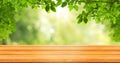 Wooden table and green leaves with blurred natural background.