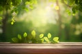 Wooden table and green leaves on blurred nature background. Mock up, Generative AI Royalty Free Stock Photo