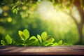 Wooden table with green leaves on blurred nature background. Summer concept. Generative AI Royalty Free Stock Photo