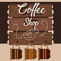 Wooden table with hanged cup of coffees Coffee premium shop Vector
