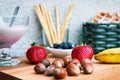 Summer meal with yogurt, strawberries, hazelnuts and pastery Royalty Free Stock Photo