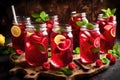 on a wooden table, hibiscus ice tea or karkade lemonade with raspberries, mint, and lemon Royalty Free Stock Photo