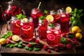 on a wooden table, hibiscus ice tea or karkade lemonade with raspberries, mint, and lemon Royalty Free Stock Photo