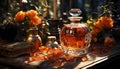 Wooden table holds an old fashioned whiskey bottle, a symbol of luxury generated by AI