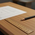 A wooden table holds a sheet of paper with a technical drawing, a pencil, and a Royalty Free Stock Photo