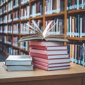 Wooden table holds a stack of books in a softly lit library Royalty Free Stock Photo