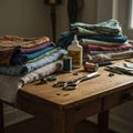 A wooden table hosts an array of sewing materials, including neatly stacked colorful Royalty Free Stock Photo