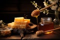 Wooden table hosts an assortment of fresh honey products a delightful tableau