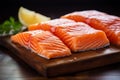Wooden table hosts a close up of fresh, raw salmon fillets
