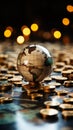 Wooden table hosts a close up global business concept with mini ball and coins Royalty Free Stock Photo