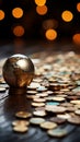 Wooden table hosts a close up global business concept with mini ball and coins Royalty Free Stock Photo