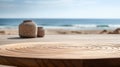 Wooden table with an intricate design on sandy beach. It is placed near water, facing ocean. There are two vases