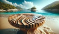 A wooden table with intricate patterns, located on the sandy shore.