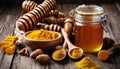 A wooden table with a jar of honey, a bowl of spices, and a spoon