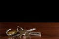 The wooden table,Keychain on the table background