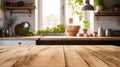 Wooden table in kitchen with potted plants on it and behind it. Generative AI Royalty Free Stock Photo
