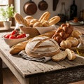 A wooden table laden with various types of bread, including a Royalty Free Stock Photo